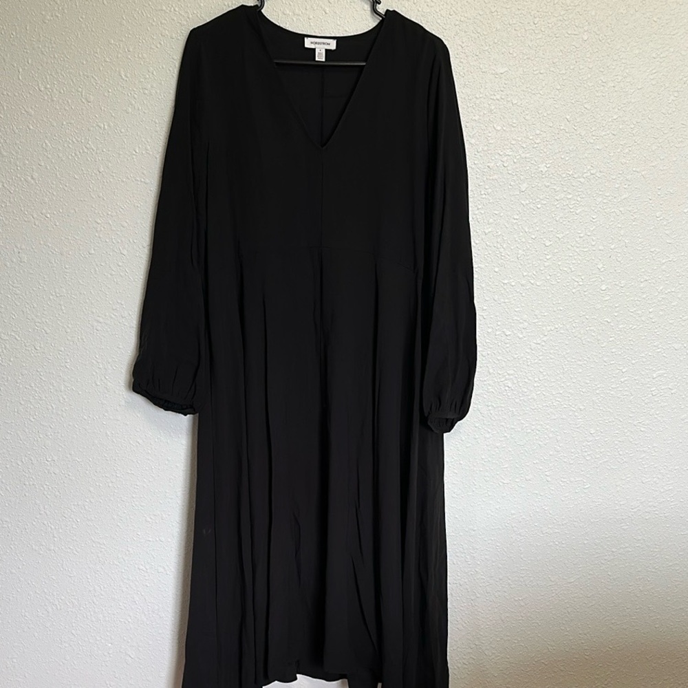 Nordstrom Black V-Neck Bishop Sleeve Dress Size Small - Picture 3 of 9